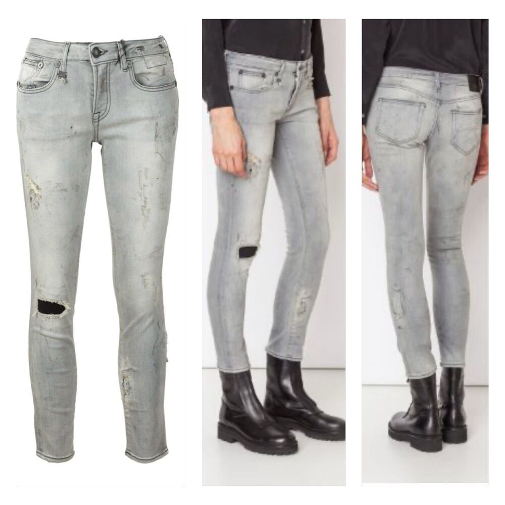 R13 Alison Crop Grey Mended Jeans, Sz 27 x 27